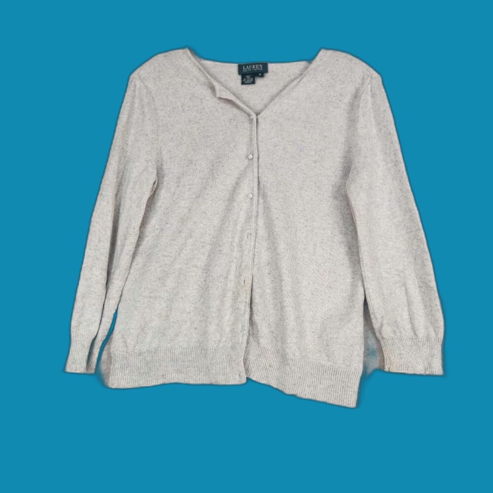 Lauren Ralph Lauren Pearl Button Silk & Cashmere Gray/Biege Sweater Size M